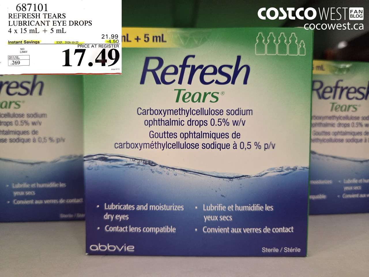 687101 REFRESH TEARS LUBRICANT EYE DROPS 4 X 15 ML + 5 ML ($4.50 INSTANT SAVINGS EXPIRES ON 2026-10-25) $17.49