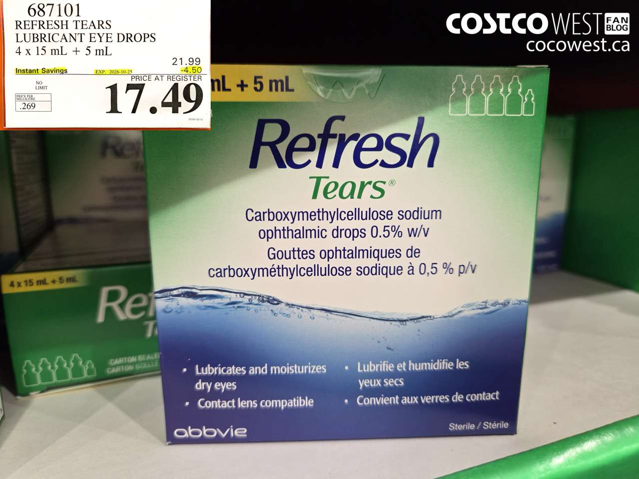 687101 REFRESH TEARS LUBRICANT EYE DROPS 4 X 15 ML + 5 ML ($4.50 INSTANT SAVINGS EXPIRES ON 2026-10-25) $17.49