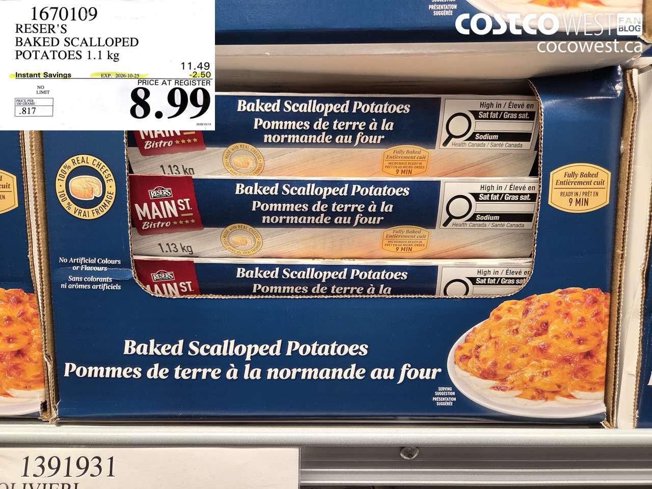 1670109 RESER'S BAKED SCALLOPED POTATOES 1.1 KG ($2.50 INSTANT SAVINGS EXPIRES ON 2026-10-25) $8.99