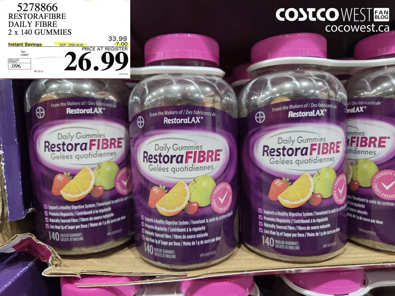 5278866 RESTORAFIBRE DAILY FIBRE 2 X 140 GUMMIES ($7.00 INSTANT SAVINGS EXPIRES ON 2026-10-25) $26.99