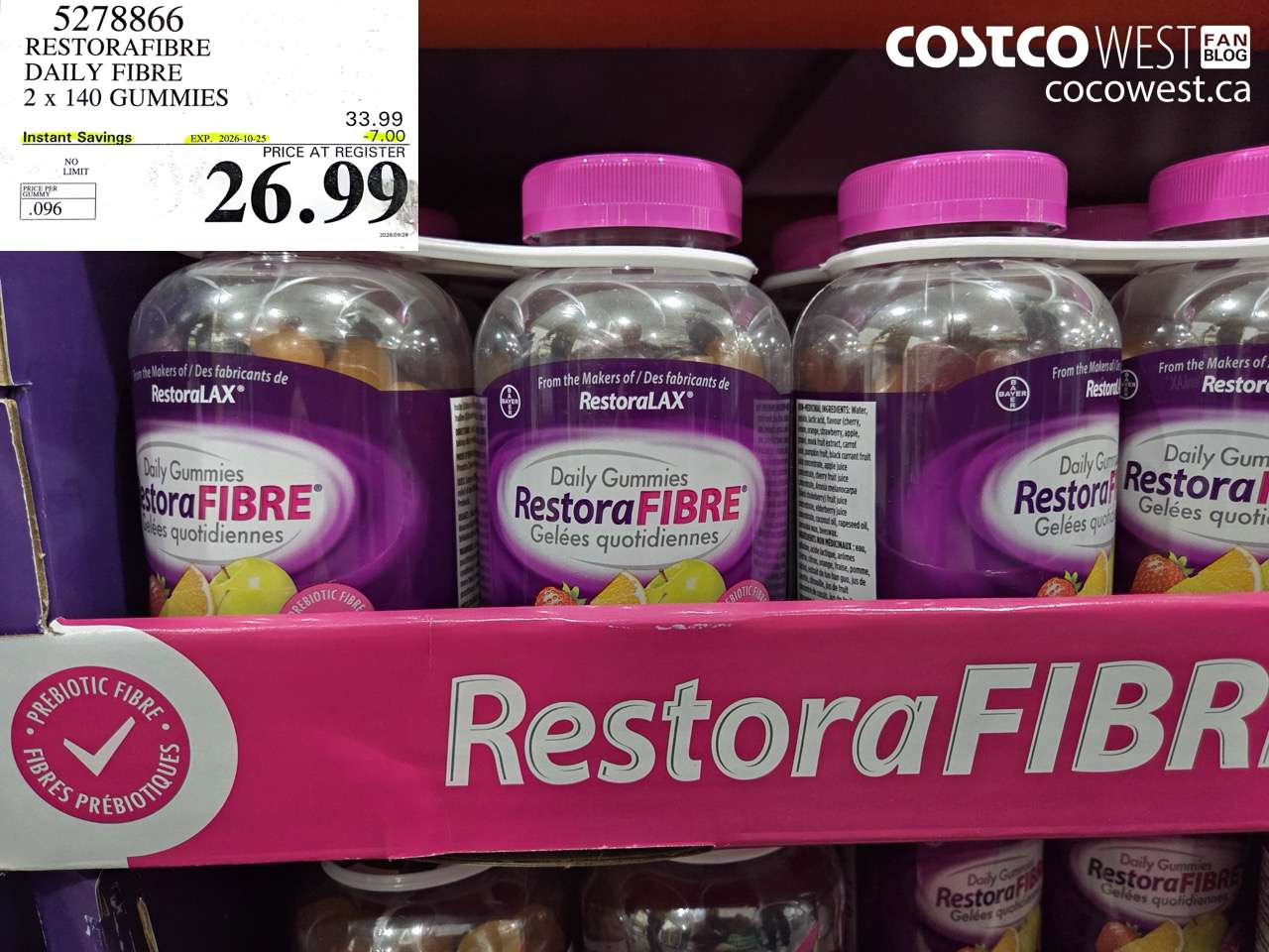 5278866 RESTORAFIBRE DAILY FIBRE 2 X 140 GUMMIES ($7.00 INSTANT SAVINGS EXPIRES ON 2026-10-25) $26.99