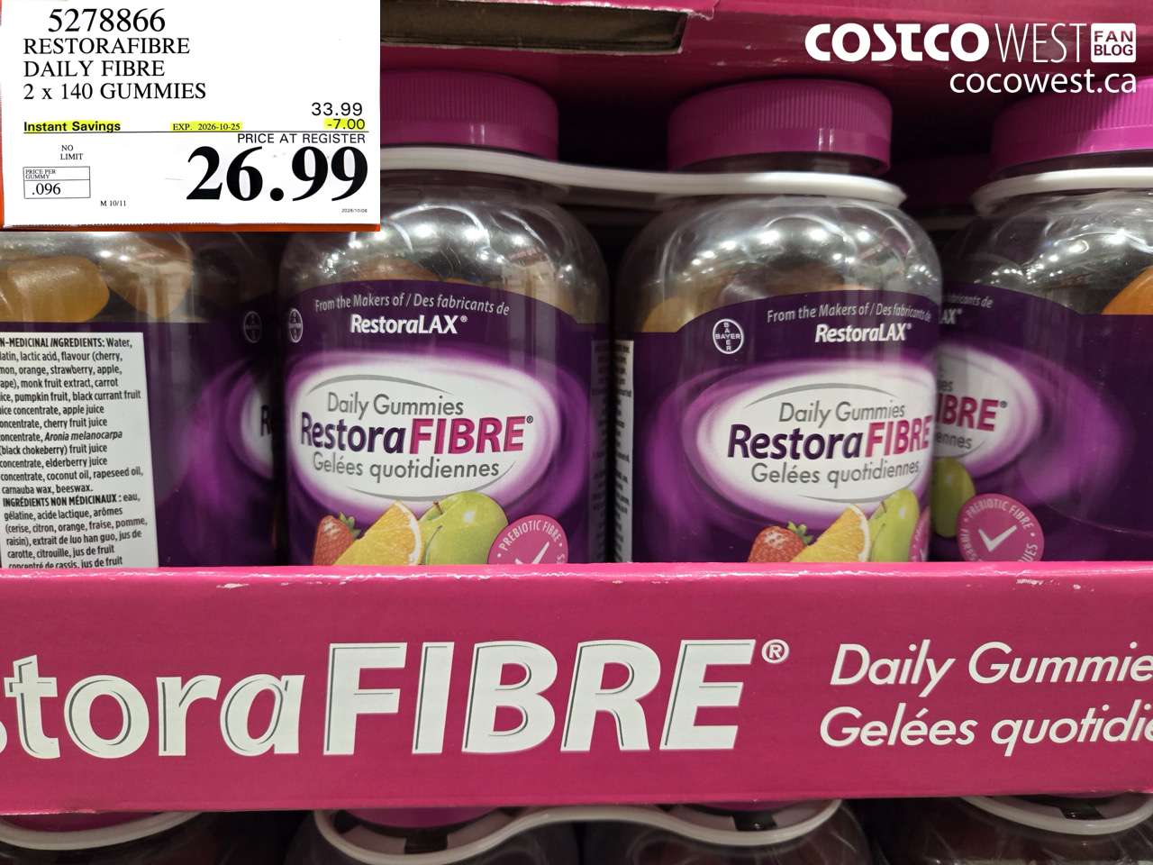 5278866 RESTORAFIBRE DAILY FIBRE 2 X 140 GUMMIES ($7.00 INSTANT SAVINGS EXPIRES ON 2026-10-25) $26.99