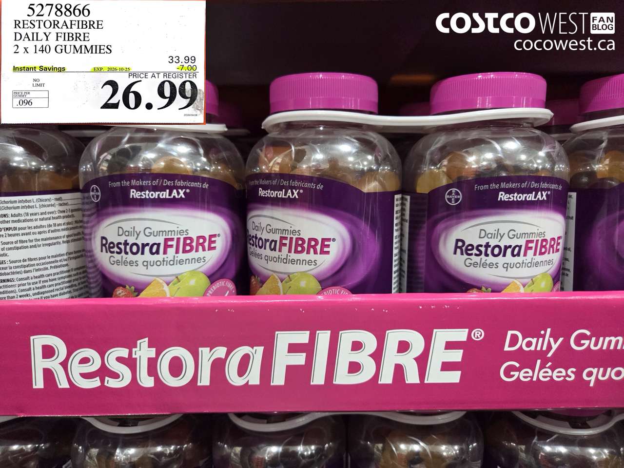 5278866 RESTORAFIBRE DAILY FIBRE 2 X 140 GUMMIES ($7.00 INSTANT SAVINGS EXPIRES ON 2026-10-25) $26.99
