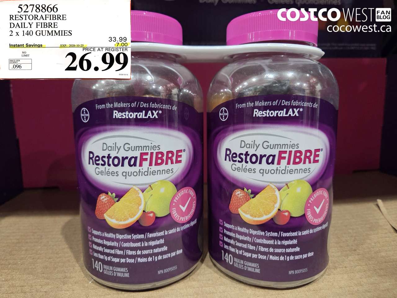 5278866 RESTORAFIBRE DAILY FIBRE 2 X 140 GUMMIES ($7.00 INSTANT SAVINGS EXPIRES ON 2026-10-25) $26.99