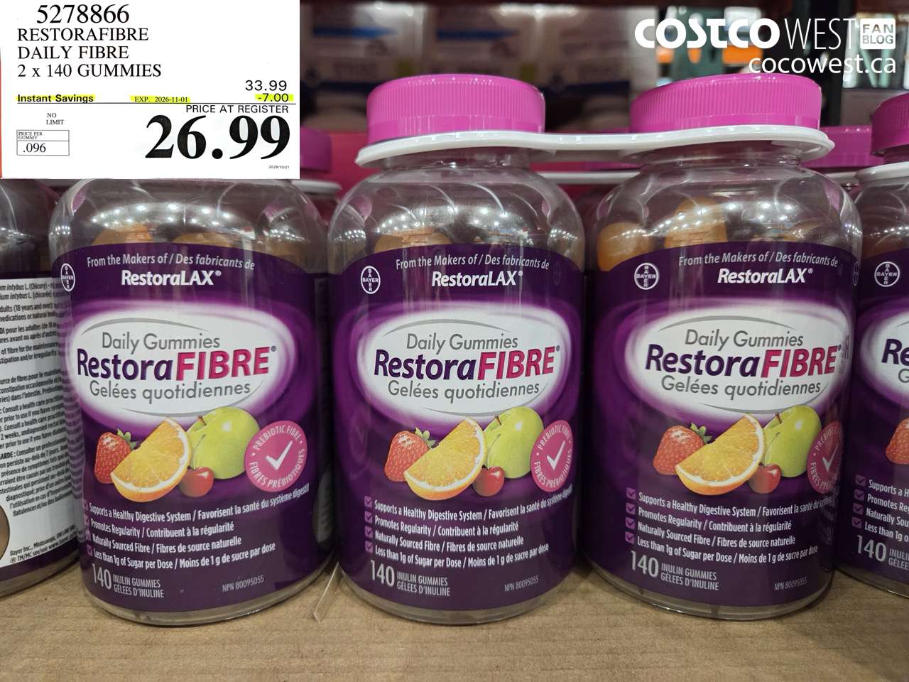 5278866 RESTORAFIBRE DAILY FIBRE 2 X 140 GUMMIES ($7.00 INSTANT SAVINGS EXPIRES ON 2026-11-01) $26.99