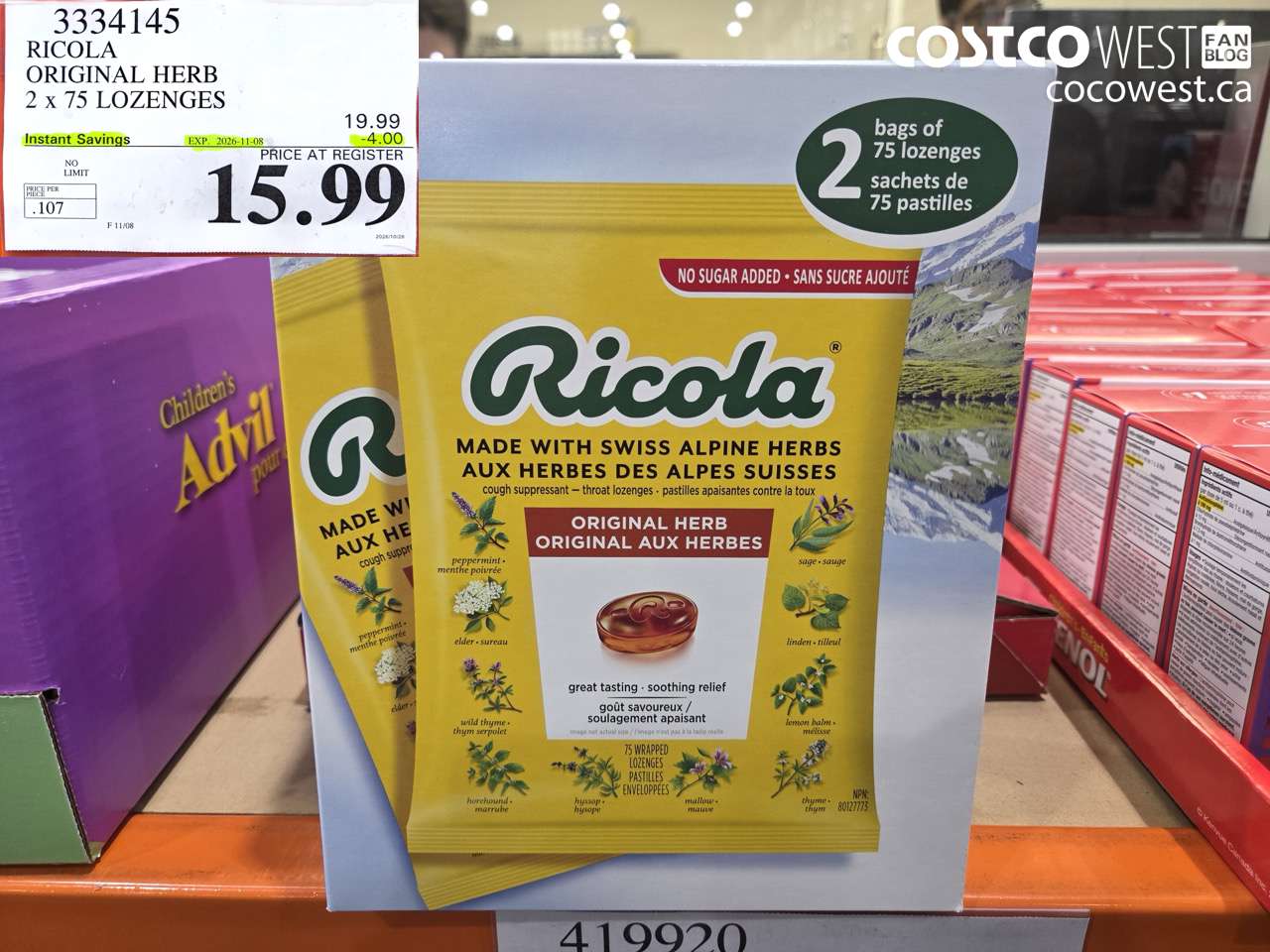 3334145 RICOLA ORIGINAL HERB 2 X 75 LOZENGES ($4.00 INSTANT SAVINGS EXPIRES ON 2026-11-08) $15.99