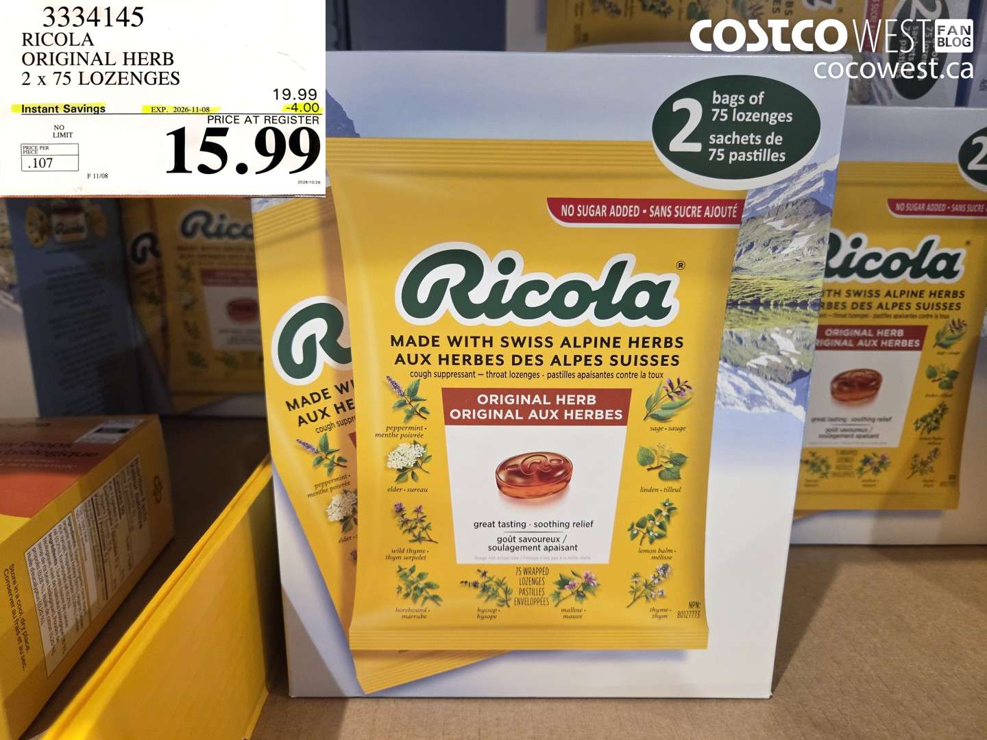 3334145 RICOLA ORIGINAL HERB 2 X 75 LOZENGES ($4.00 INSTANT SAVINGS EXPIRES ON 2026-11-08) $15.99