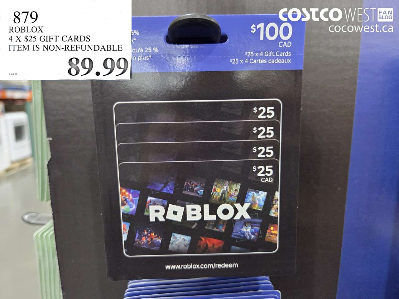879 ROBLOX 4 X $25 GIFT CARDS ITEM IS NON-REFUNDABLE $89.99