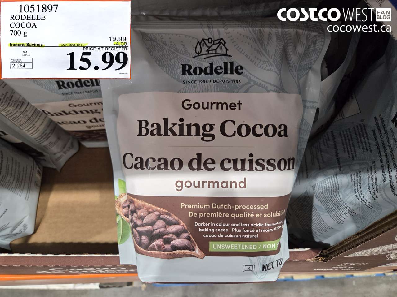 1051897 RODELLE COCOA 700 G ($4.00 INSTANT SAVINGS EXPIRES ON 2026-10-11) $15.99