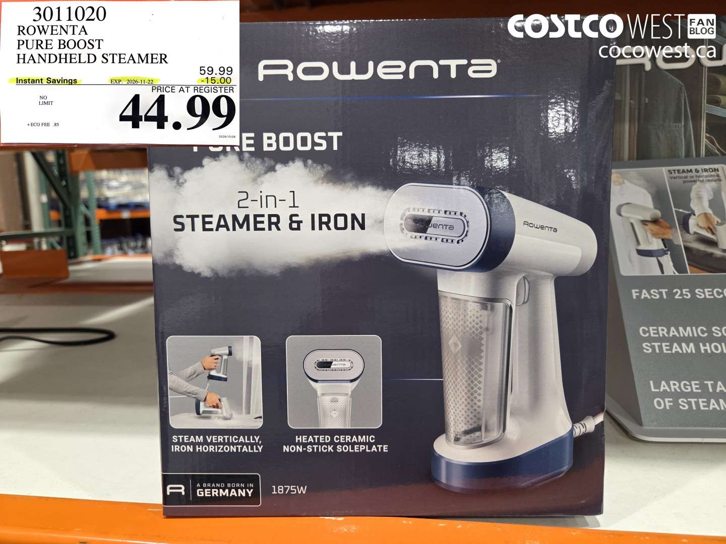 3011020 ROWENTA PURE BOOST HANDHELD STEAMER ($15.00 INSTANT SAVINGS EXPIRES ON 2026-11-22) $44.99