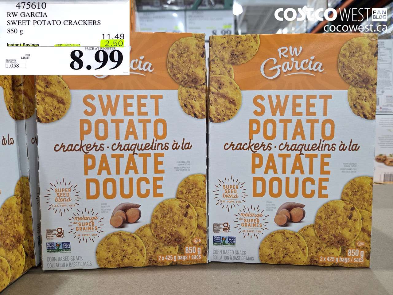 475610 RW GARCIA SWEET POTATO CRACKERS 850 G ($2.50 INSTANT SAVINGS EXPIRES ON 2026-11-22) $8.99
