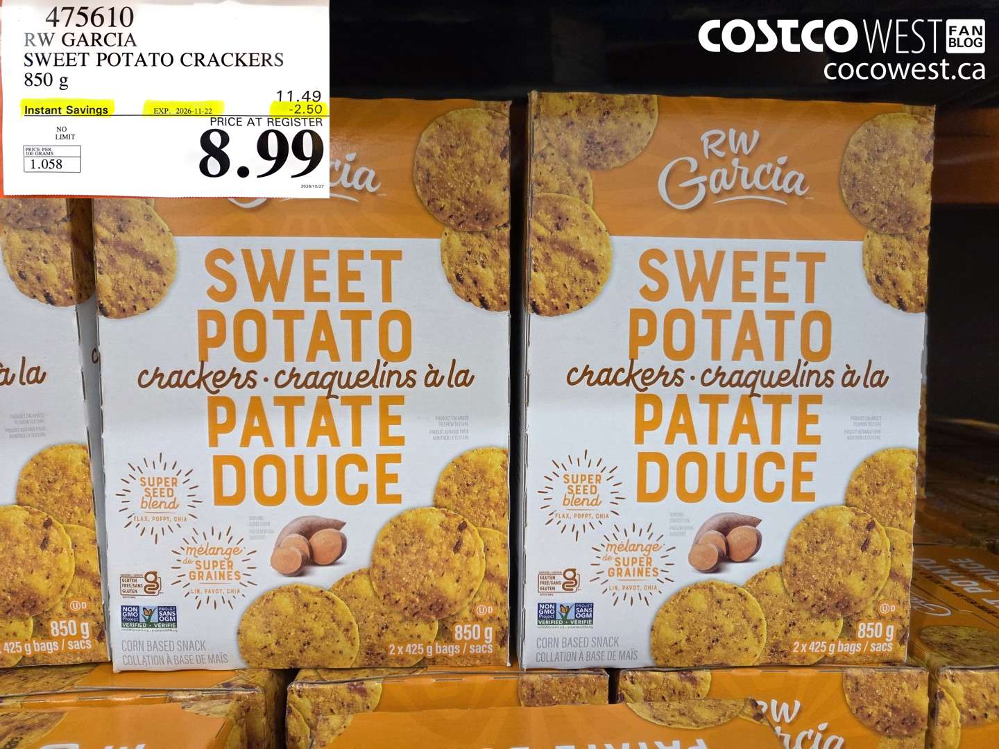 475610 RW GARCIA SWEET POTATO CRACKERS 850 G ($2.50 INSTANT SAVINGS EXPIRES ON 2026-11-22) $8.99