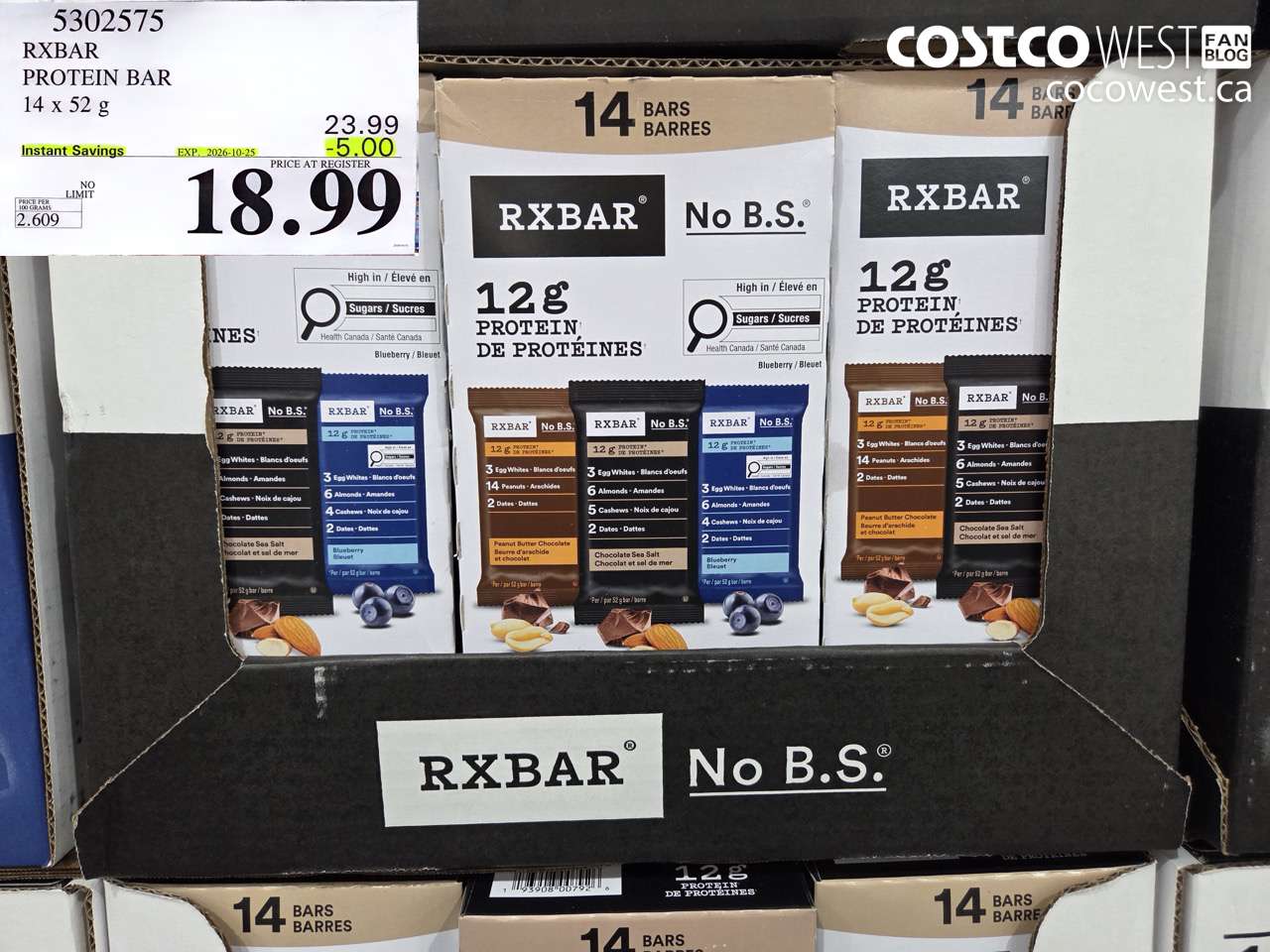 5302575 RXBAR PROTEIN BAR 14 X 52 G ($5.00 INSTANT SAVINGS EXPIRES ON 2026-10-25) $18.99