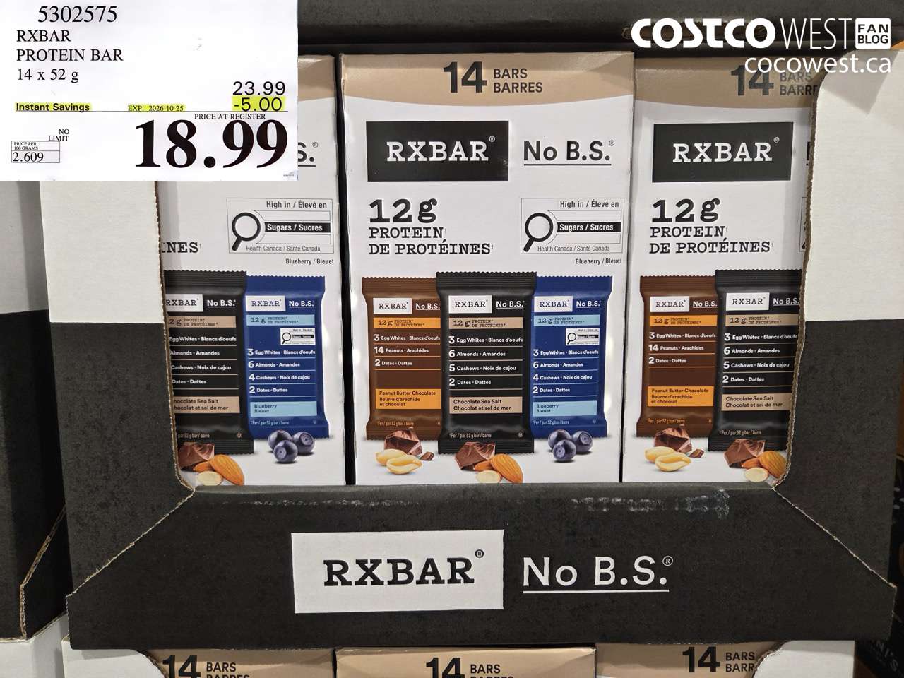 5302575 RXBAR PROTEIN BAR 14 X 52 G ($5.00 INSTANT SAVINGS EXPIRES ON 2026-10-25) $18.99
