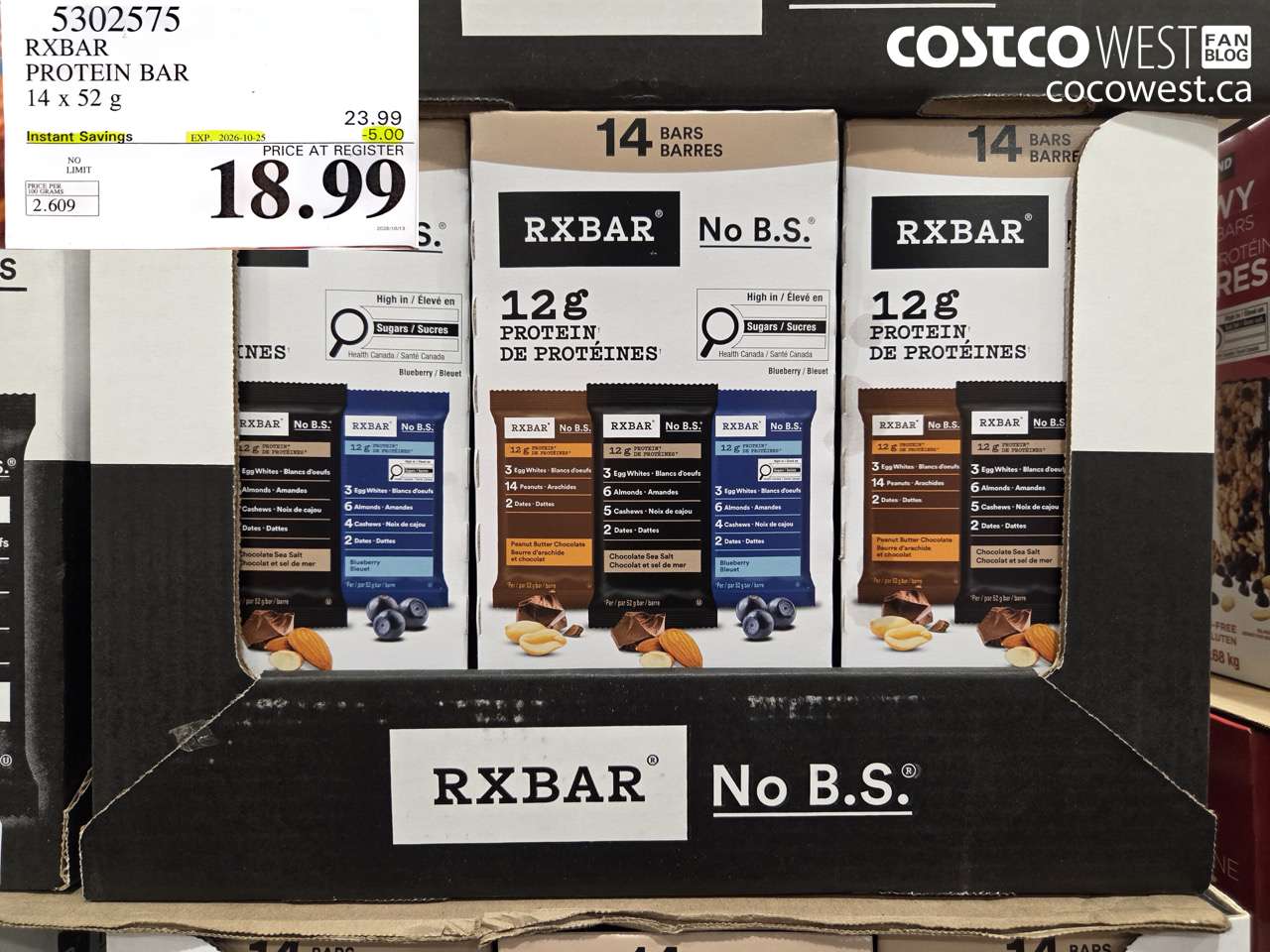 5302575 RXBAR PROTEIN BAR 14 X 52 G ($5.00 INSTANT SAVINGS EXPIRES ON 2026-10-25) $18.99