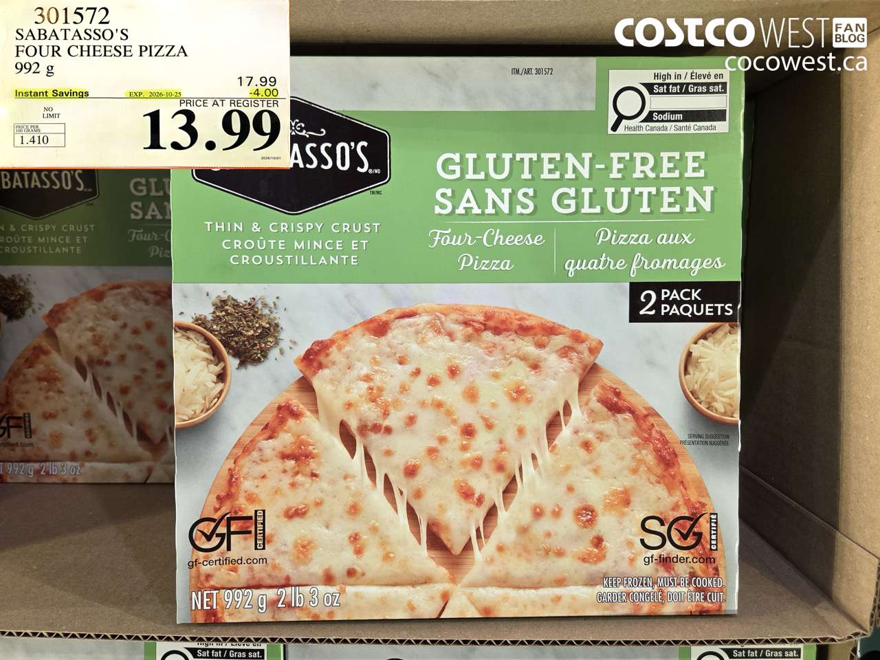 301572 SABATASSO'S FOUR CHEESE PIZZA 992 G ($4.00 INSTANT SAVINGS EXPIRES ON 2026-10-25) $13.99