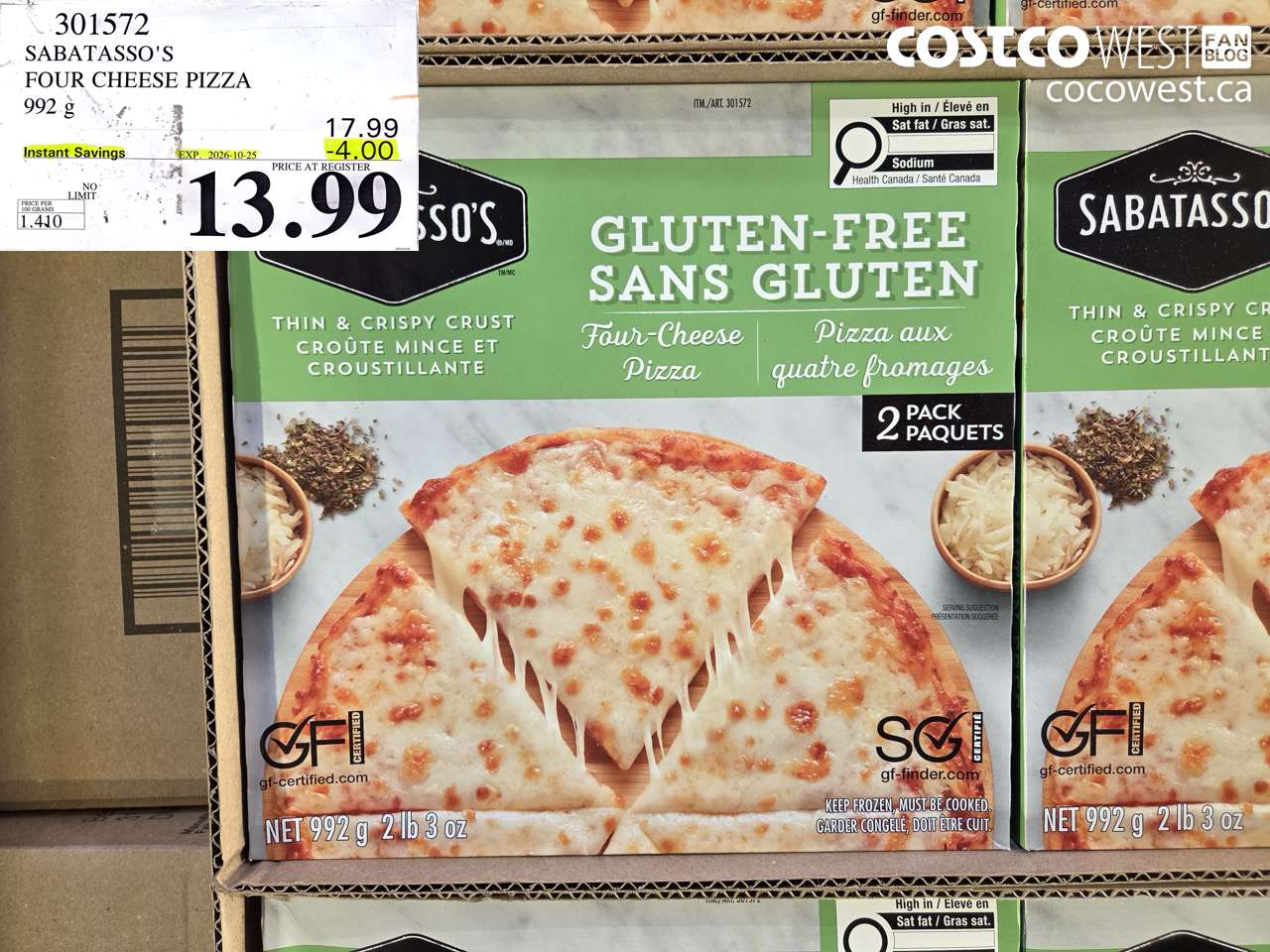 301572 SABATASSO'S FOUR CHEESE PIZZA 992 G ($4.00 INSTANT SAVINGS EXPIRES ON 2026-10-25) $13.99