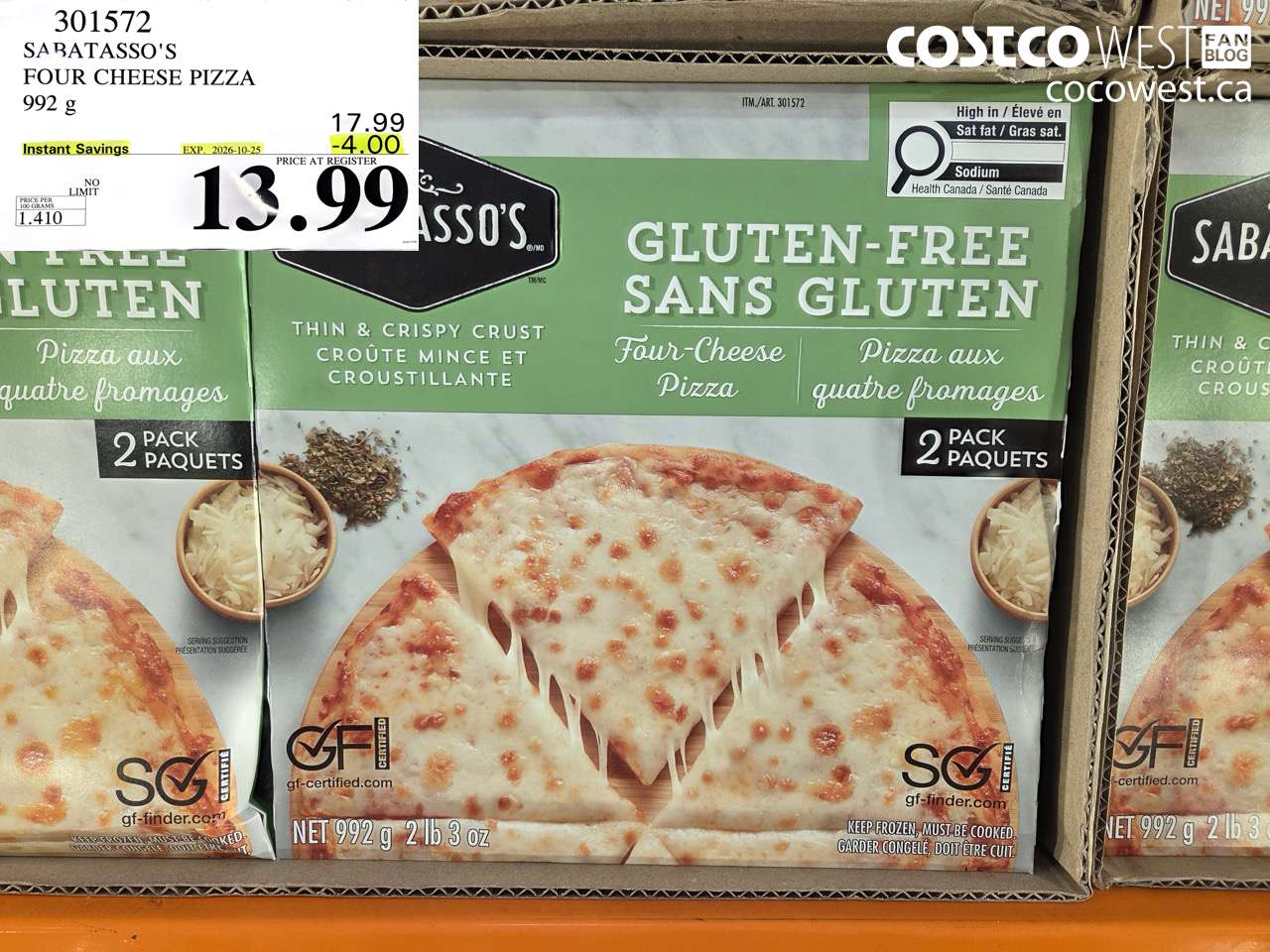 301572 SABATASSO'S FOUR CHEESE PIZZA 992 G ($4.00 INSTANT SAVINGS EXPIRES ON 2026-10-25) $13.99