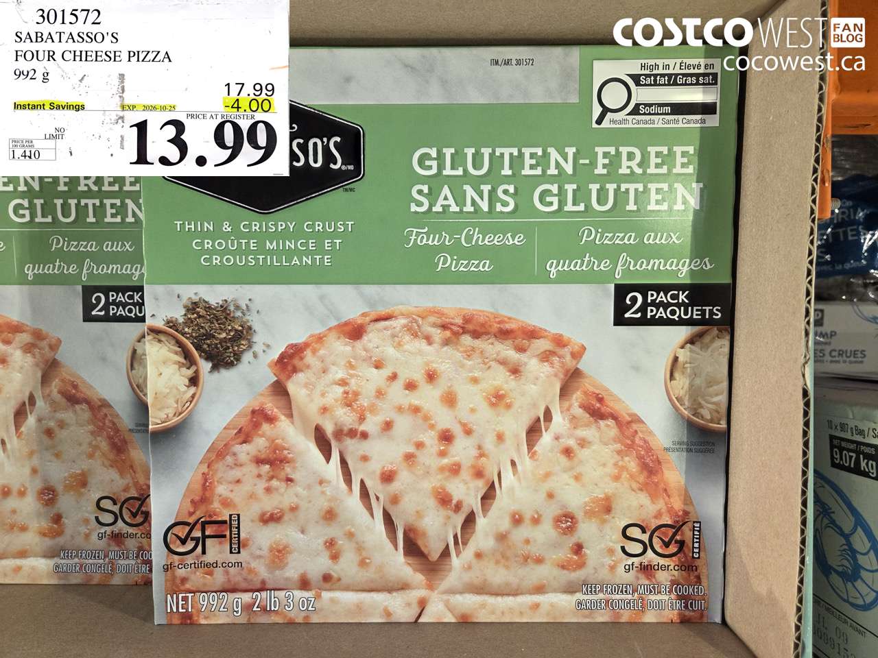 301572 SABATASSO'S FOUR CHEESE PIZZA 992 G ($4.00 INSTANT SAVINGS EXPIRES ON 2026-10-25) $13.99
