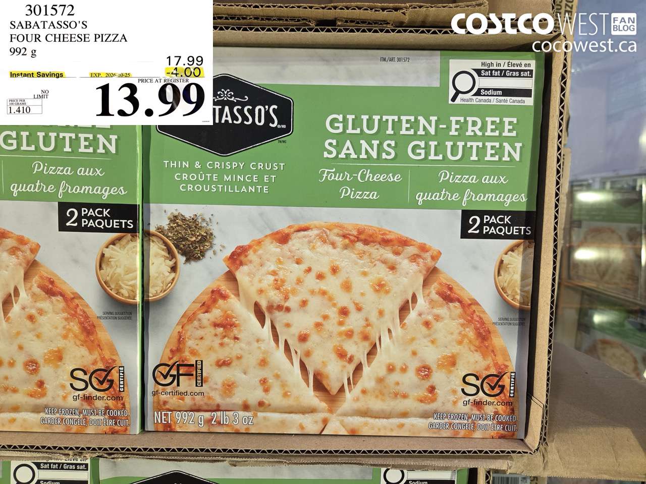 301572 SABATASSO'S FOUR CHEESE PIZZA 992 G ($4.00 INSTANT SAVINGS EXPIRES ON 2026-10-25) $13.99