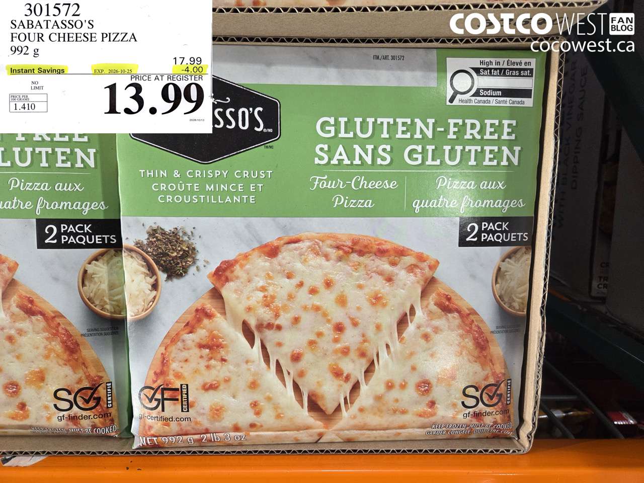 301572 SABATASSO'S FOUR CHEESE PIZZA 992 G ($4.00 INSTANT SAVINGS EXPIRES ON 2026-10-25) $13.99