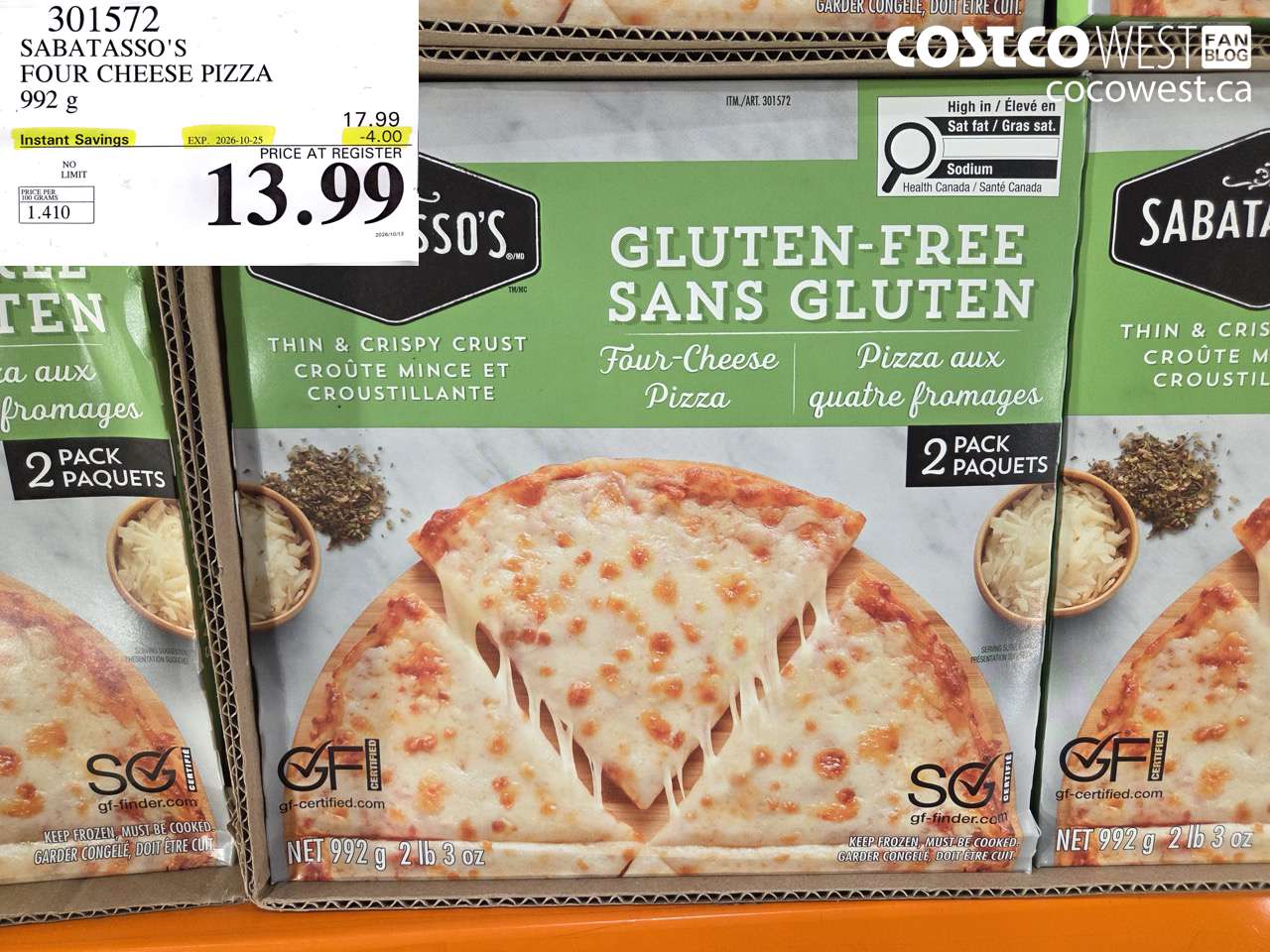 301572 SABATASSO'S FOUR CHEESE PIZZA 992 G ($4.00 INSTANT SAVINGS EXPIRES ON 2026-10-25) $13.99