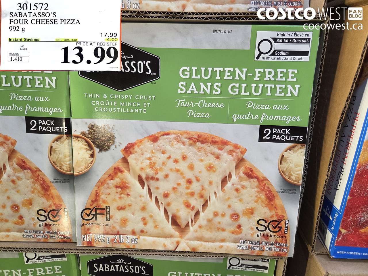 301572 SABATASSO'S FOUR CHEESE PIZZA 992 G ($4.00 INSTANT SAVINGS EXPIRES ON 2026-11-01) $13.99