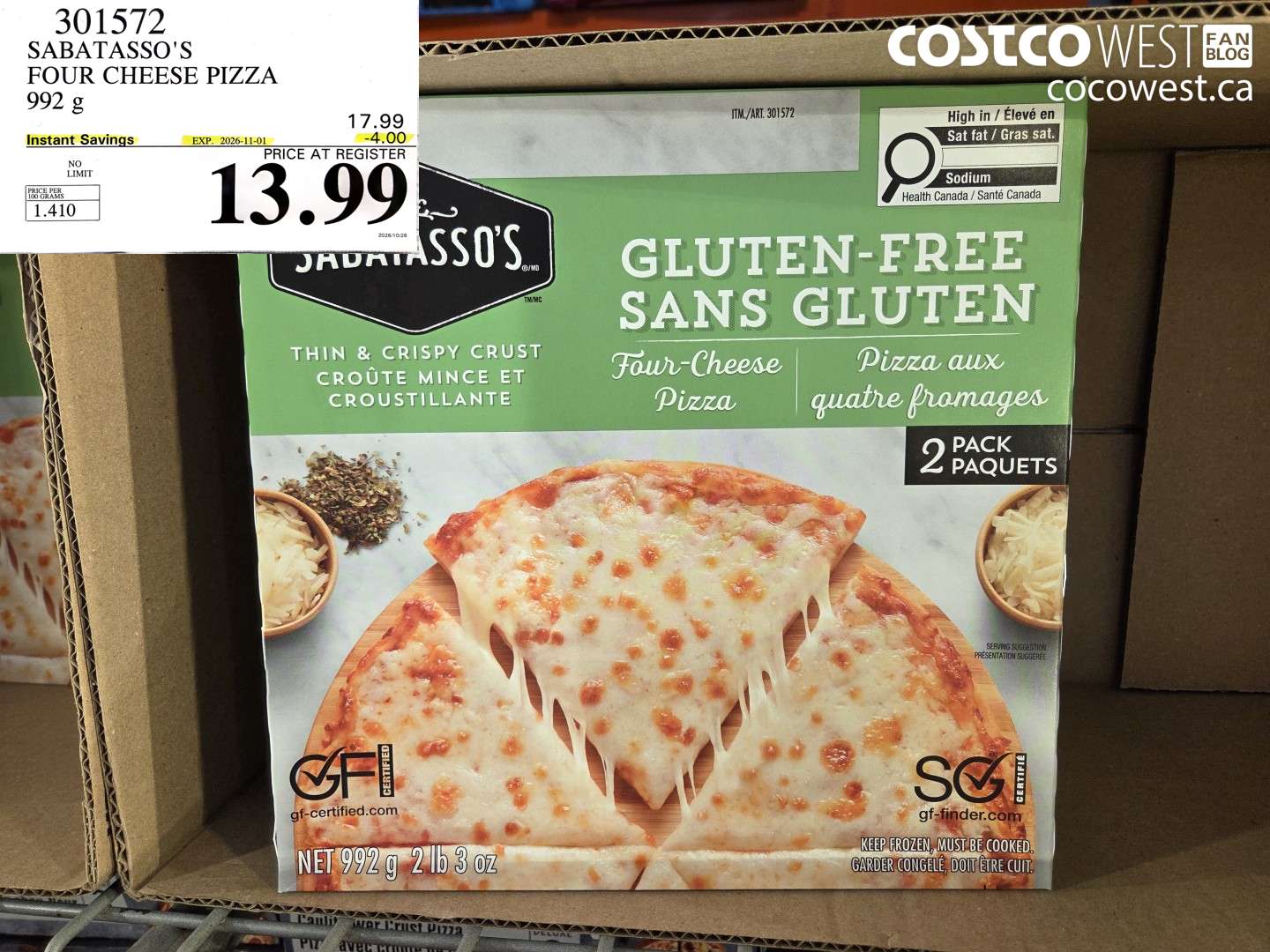 301572 SABATASSO'S FOUR CHEESE PIZZA 992 G ($4.00 INSTANT SAVINGS EXPIRES ON 2026-11-01) $13.99