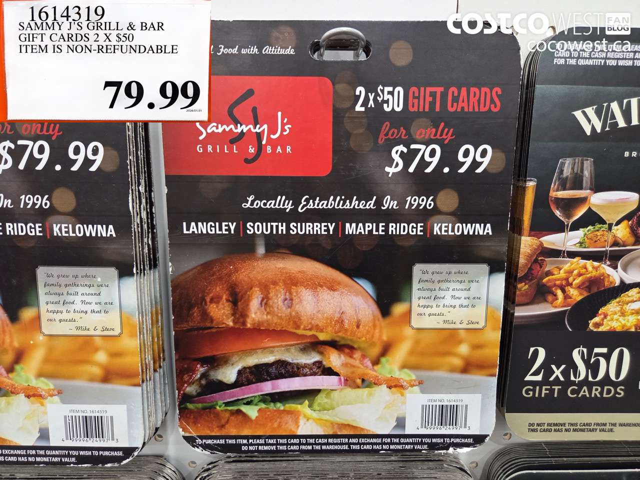 1614319 SAMMY J'S GRILL & BAR GIFT CARDS 2 X $50 ITEM IS NON-REFUNDABLE $79.99
