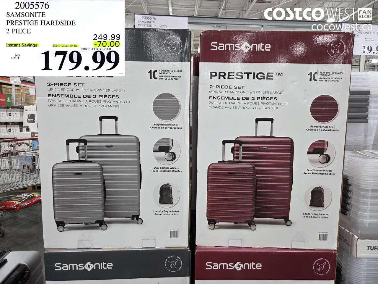 2005576 SAMSONITE PRESTIGE HARDSIDE 2 PIECE ($70.00 INSTANT SAVINGS EXPIRES ON 2026-10-18) $179.99