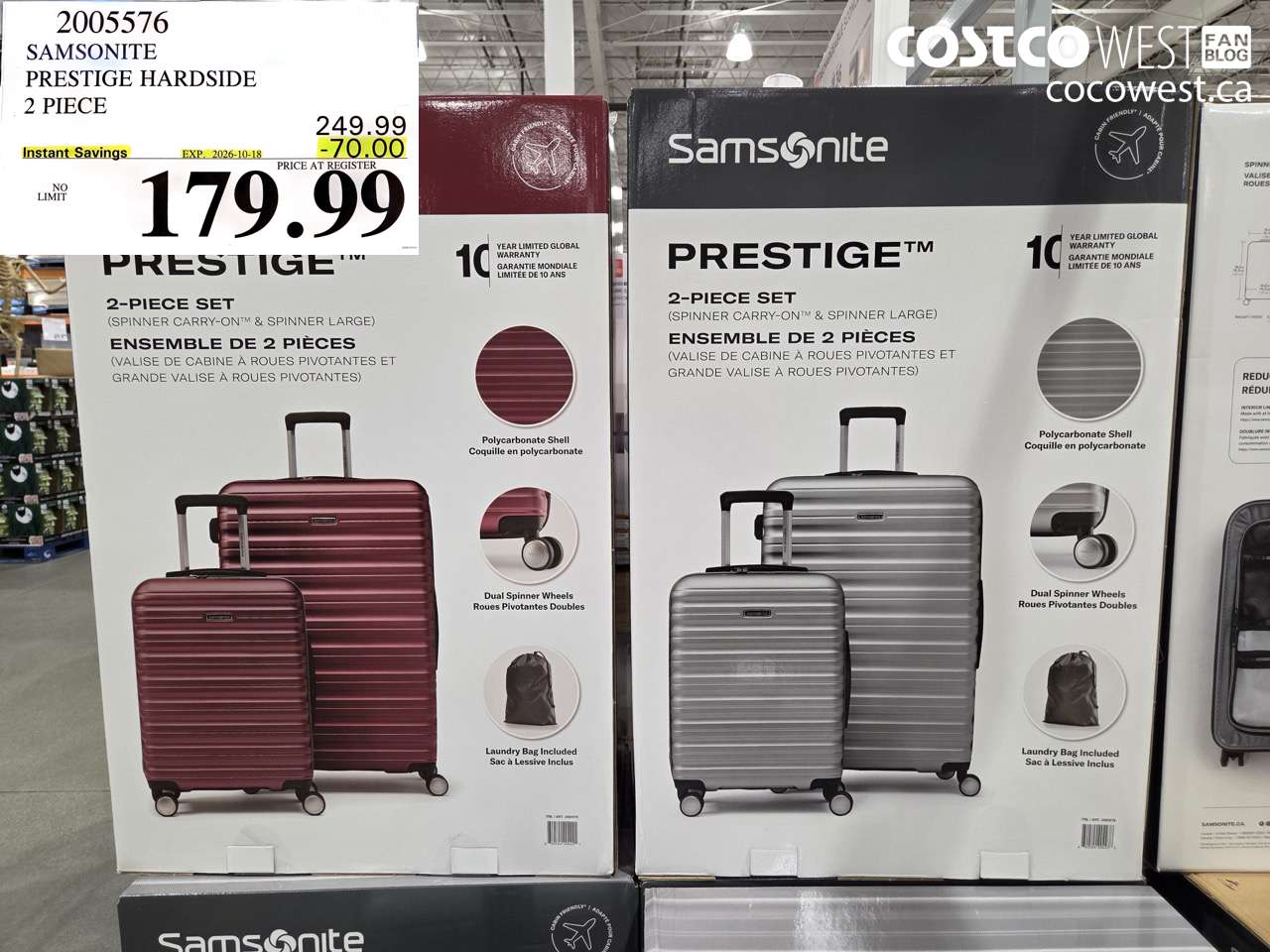 2005576 SAMSONITE PRESTIGE HARDSIDE 2 PIECE ($70.00 INSTANT SAVINGS EXPIRES ON 2026-10-18) $179.99
