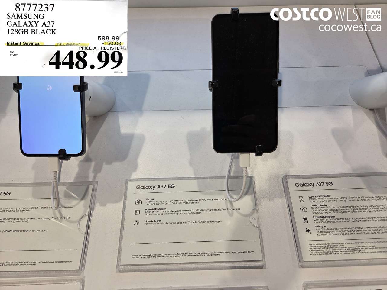 8777237 SAMSUNG GALAXY A37 128GB BLACK ($150.00 INSTANT SAVINGS EXPIRES ON 2026-10-25) $448.99