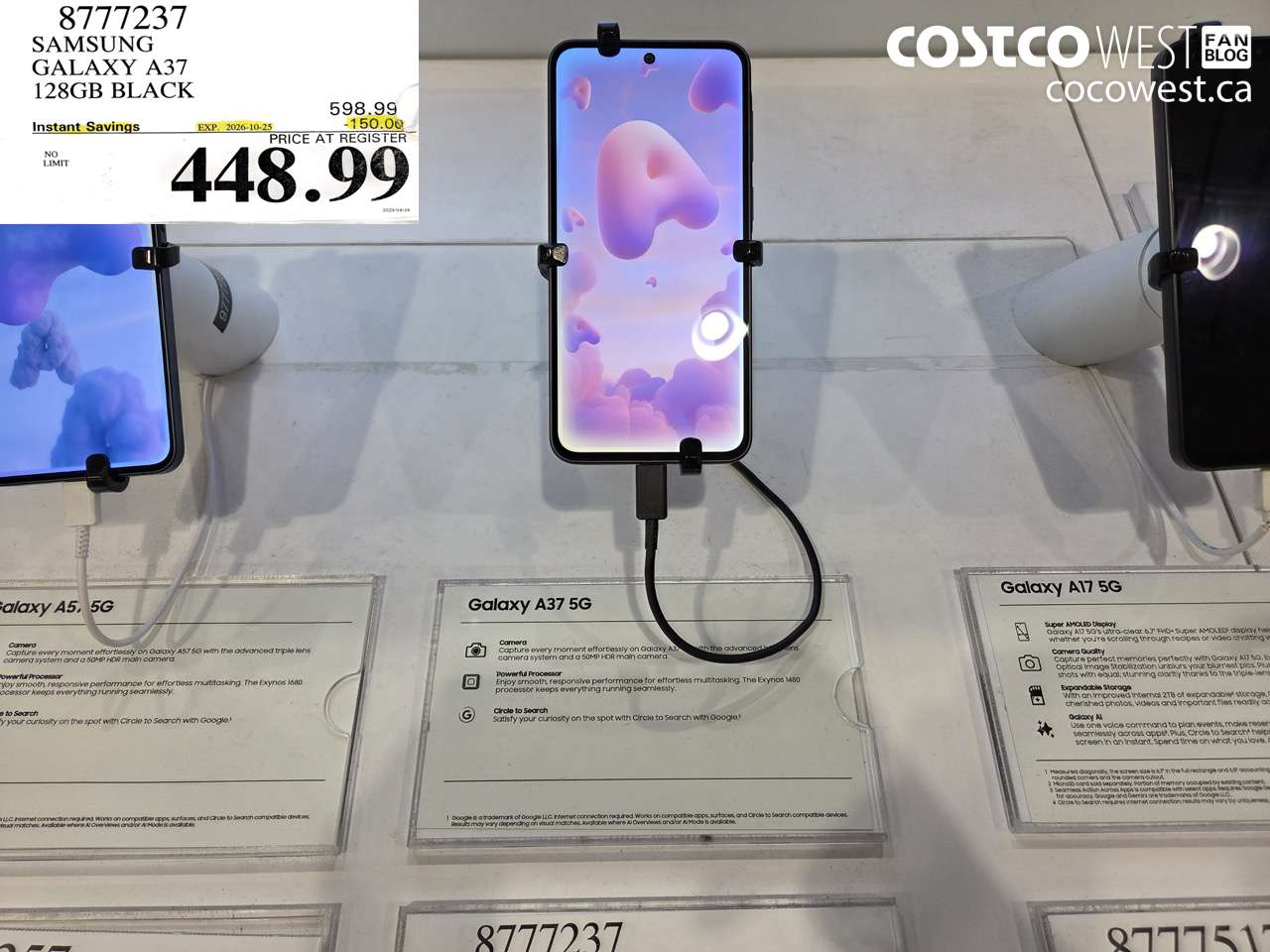 8777237 SAMSUNG GALAXY A37 128GB BLACK ($150.00 INSTANT SAVINGS EXPIRES ON 2026-10-25) $448.99
