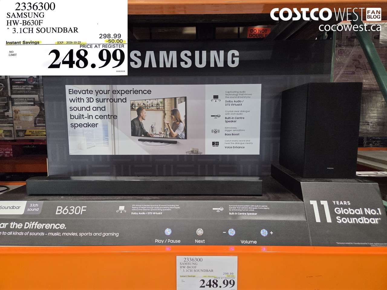 2336300 SAMSUNG HW-B630F 3.1CH SOUNDBAR ($50.00 INSTANT SAVINGS EXPIRES ON 2026-10-25) $248.99