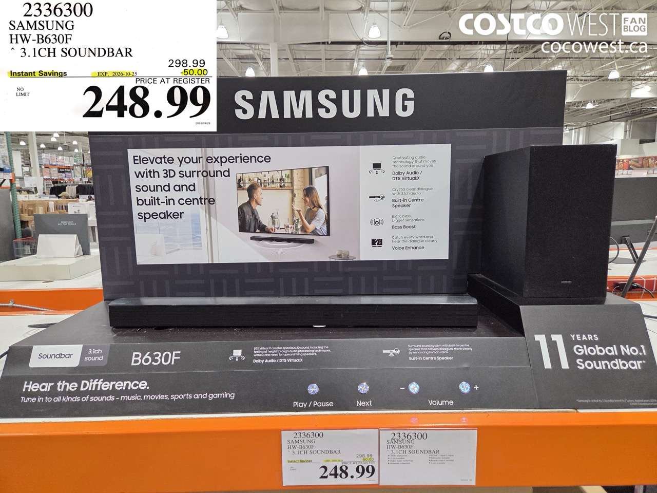 2336300 SAMSUNG HW-B630F 3.1CH SOUNDBAR ($50.00 INSTANT SAVINGS EXPIRES ON 2026-10-25) $248.99