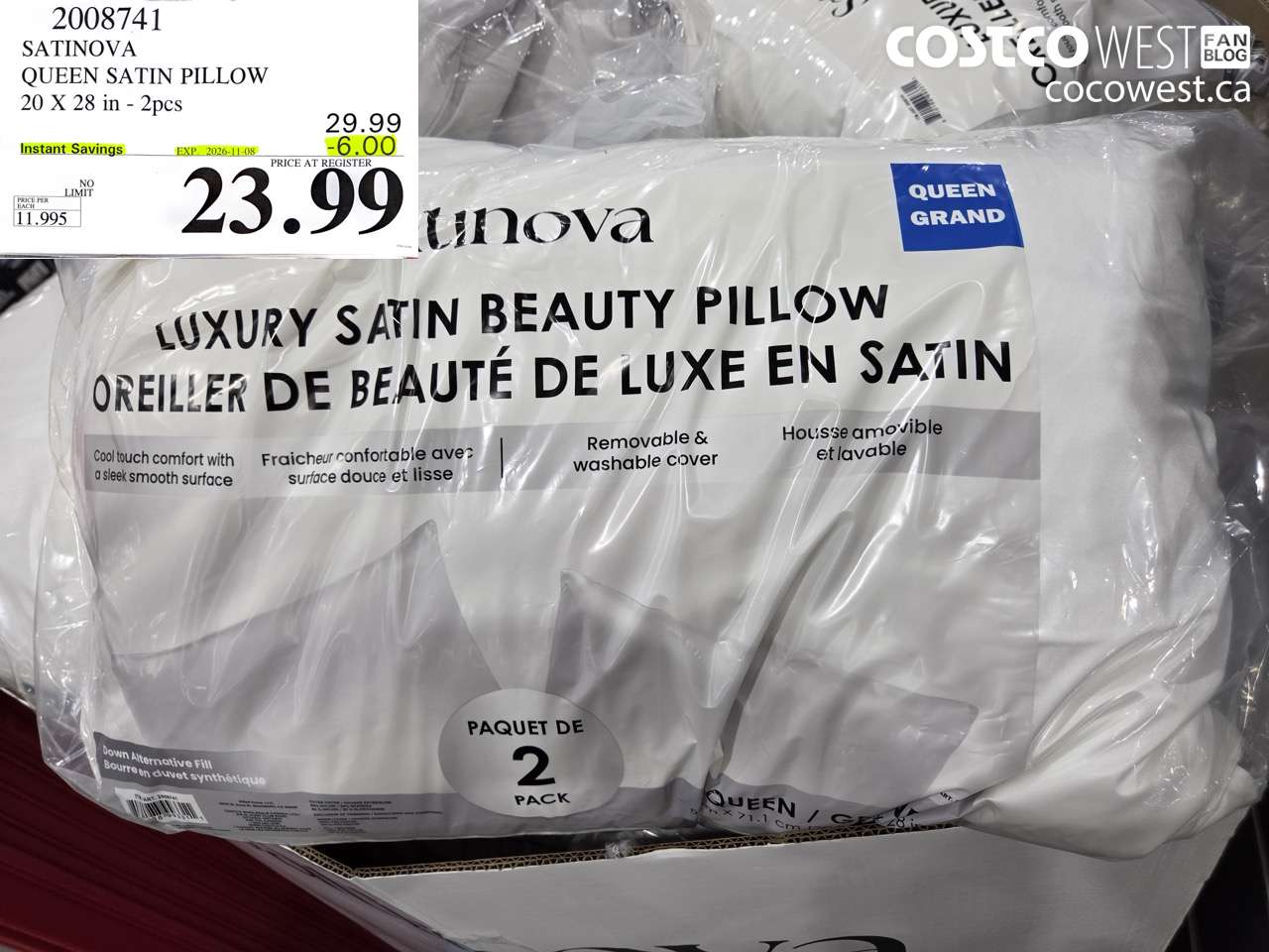 2008741 SATINOVA QUEEN SATIN PILLOW 20 X 28 IN - 2PCS ($6.00 INSTANT SAVINGS EXPIRES ON 2026-11-08) $23.99