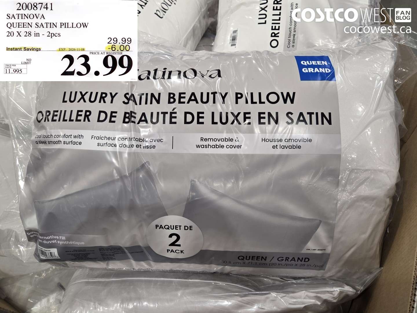 2008741 SATINOVA QUEEN SATIN PILLOW 20 X 28 IN - 2PCS ($6.00 INSTANT SAVINGS EXPIRES ON 2026-11-08) $23.99