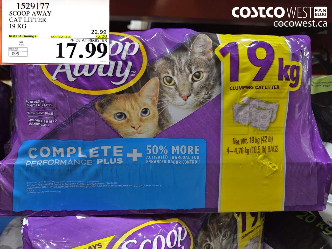 1529177 SCOOP AWAY CAT LITTER 19 KG ($5.00 INSTANT SAVINGS EXPIRES ON 2026-11-08) $17.99