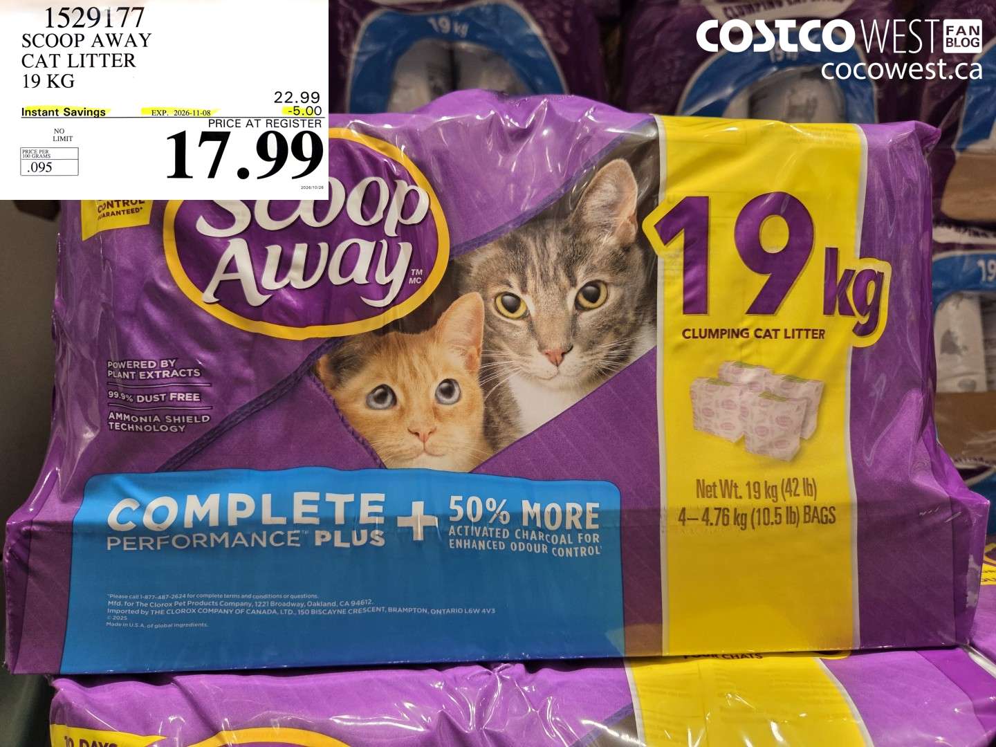 1529177 SCOOP AWAY CAT LITTER 19 KG ($5.00 INSTANT SAVINGS EXPIRES ON 2026-11-08) $17.99