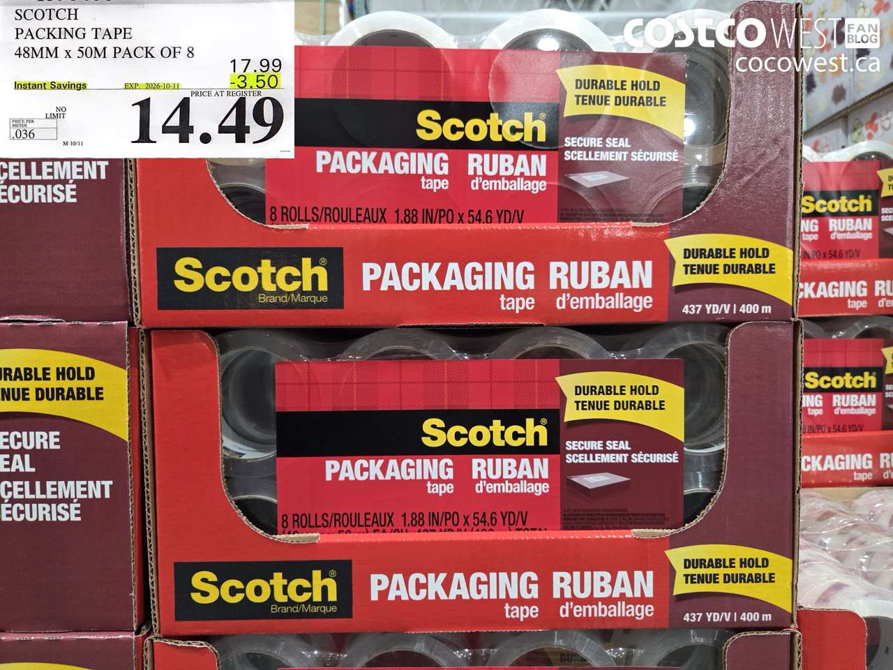 3215000 SCOTCH PACKING TAPE 48MM X 50M PACK OF 8 ($3.50 INSTANT SAVINGS EXPIRES ON 2026-10-11) $14.49