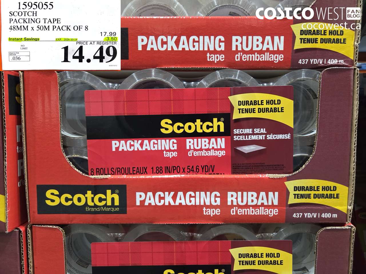 1595055 SCOTCH PACKING TAPE 48MM X 50M PACK OF 8 ($3.50 INSTANT SAVINGS EXPIRES ON 2026-10-18) $14.49