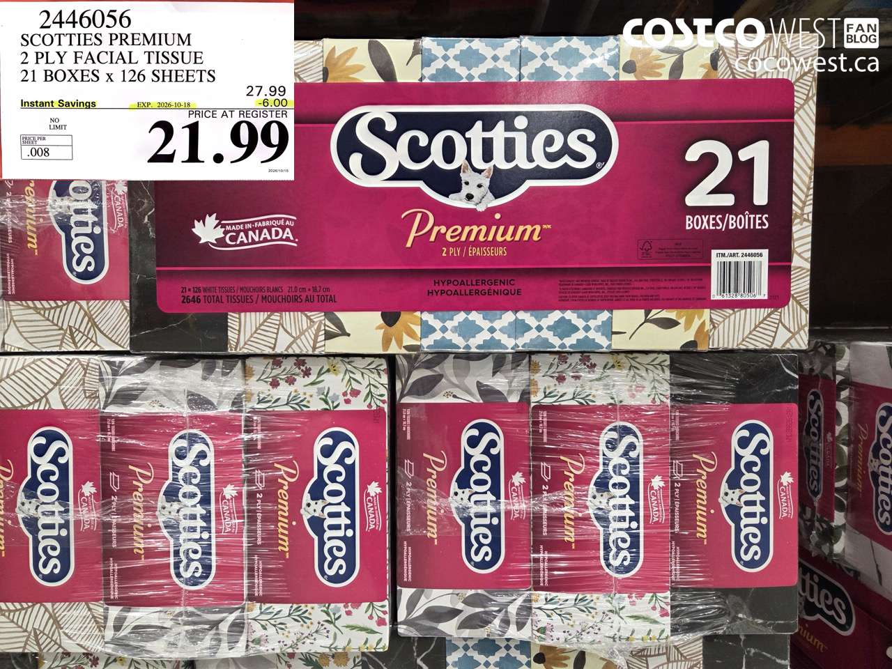 2446056 SCOTTIES PREMIUM 2 PLY FACIAL TISSUE 21 BOXES X 126 SHEETS ($6.00 INSTANT SAVINGS EXPIRES ON 2026-10-18) $21.99