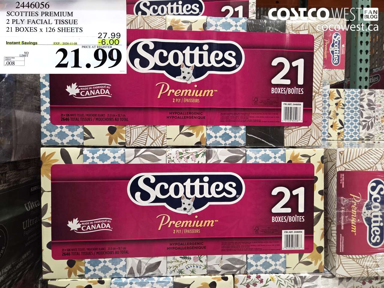 2446056 SCOTTIES PREMIUM 2 PLY FACIAL TISSUE 21 BOXES X 126 SHEETS ($6.00 INSTANT SAVINGS EXPIRES ON 2026-11-08) $21.99