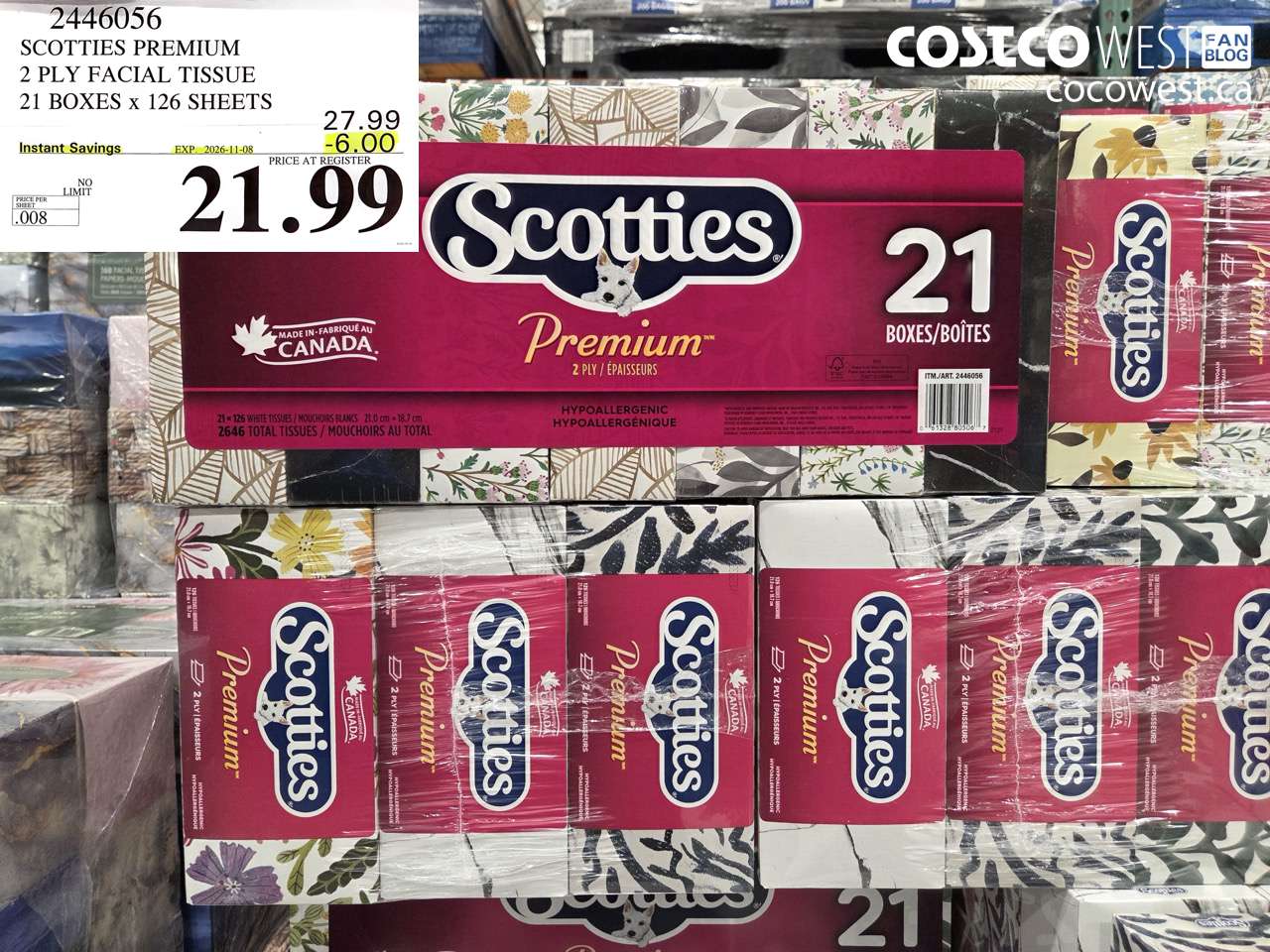2446056 SCOTTIES PREMIUM 2 PLY FACIAL TISSUE 21 BOXES X 126 SHEETS ($6.00 INSTANT SAVINGS EXPIRES ON 2026-11-08) $21.99