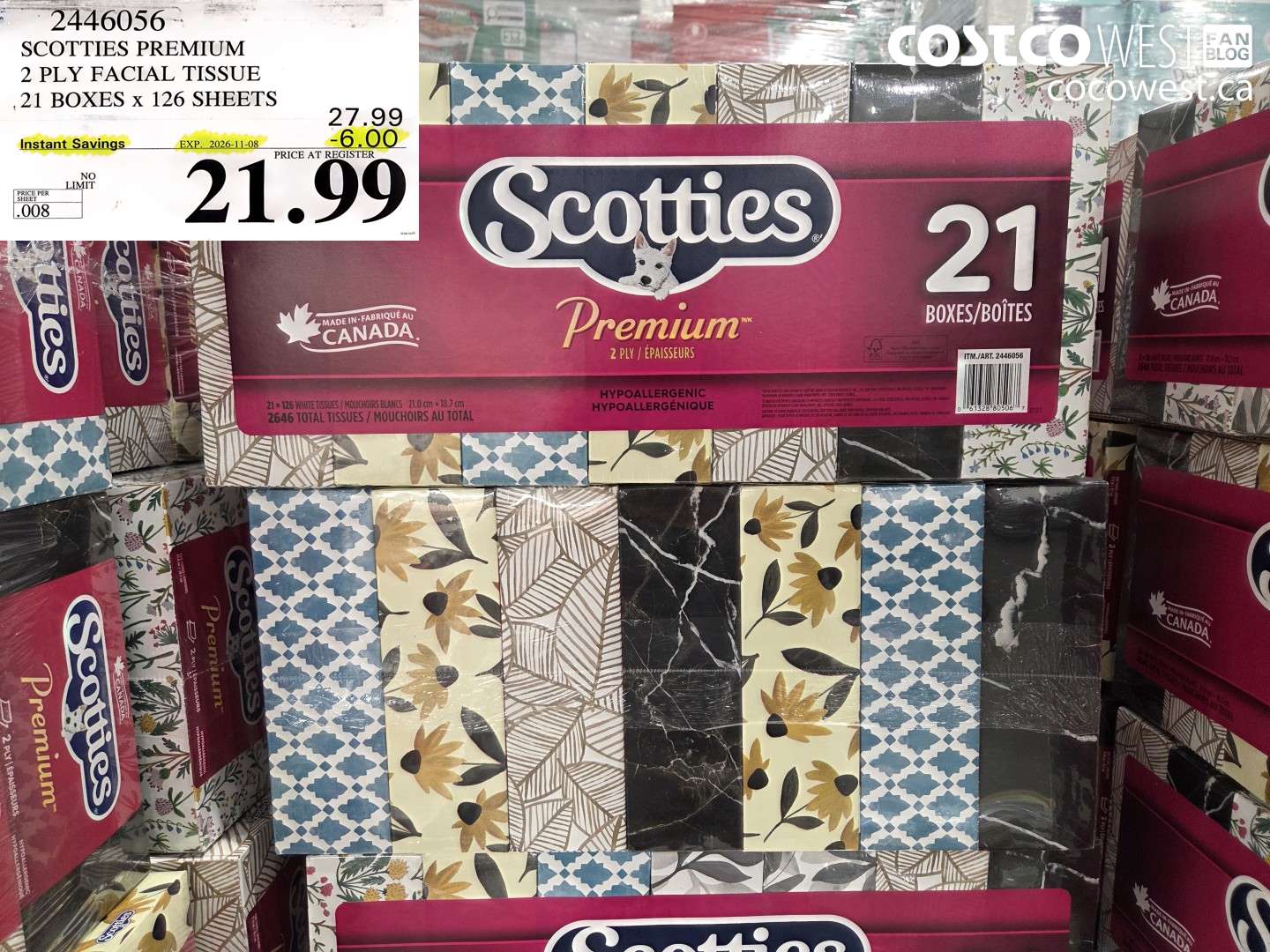2446056 SCOTTIES PREMIUM 2 PLY FACIAL TISSUE 21 BOXES X 126 SHEETS ($6.00 INSTANT SAVINGS EXPIRES ON 2026-11-08) $21.99