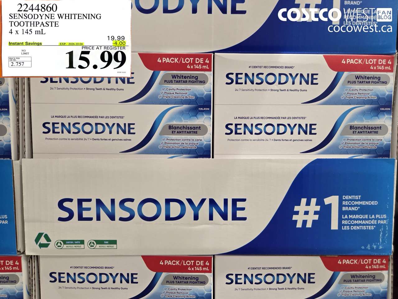2244860 SENSODYNE WHITENING TOOTHPASTE 4 X 145 ML ($4.00 INSTANT SAVINGS EXPIRES ON 2026-10-04) $15.99