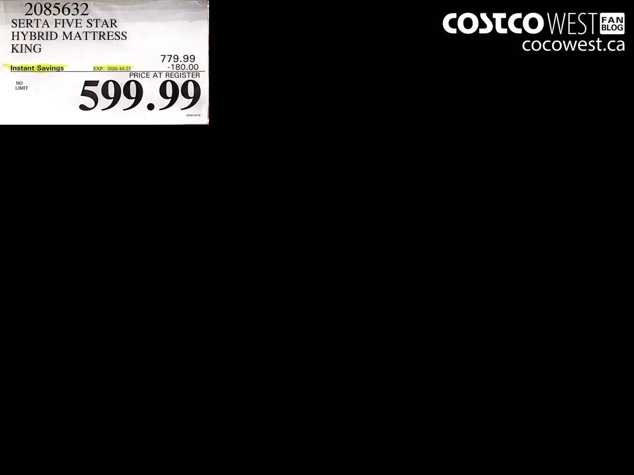 2085632 SERTA FIVE STAR HYBRID MATTRESS KING ($180.00 INSTANT SAVINGS EXPIRES ON 2026-10-25) $599.99