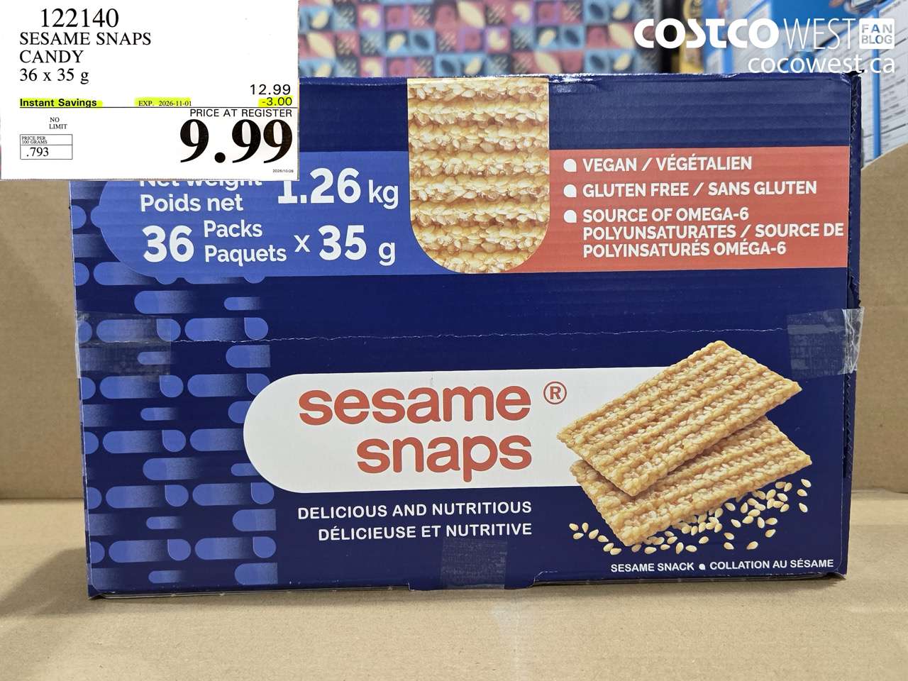 122140 SESAME SNAPS CANDY 36 X 35 G ($3.00 INSTANT SAVINGS EXPIRES ON 2026-11-01) $9.99