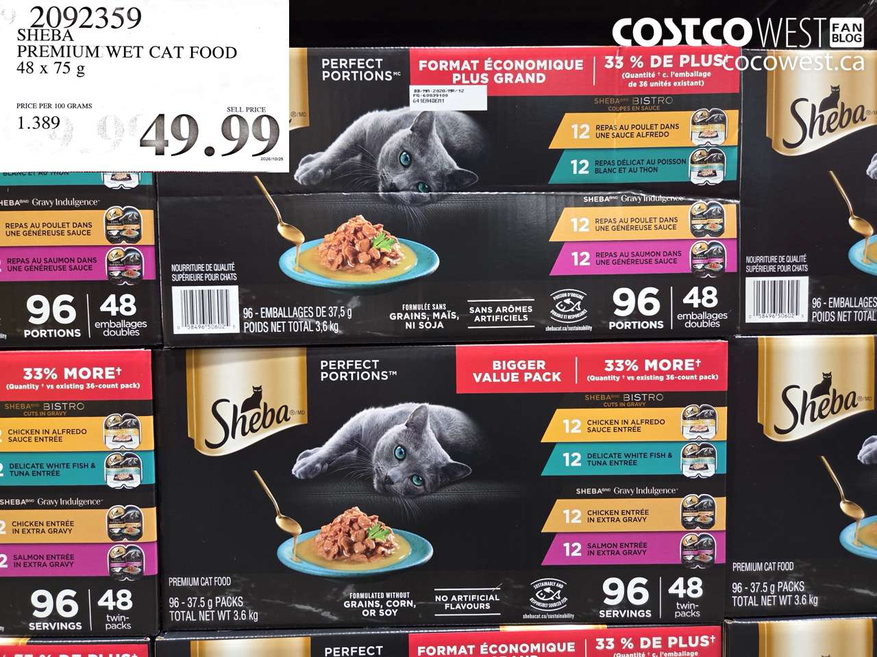 2092359 SHEBA PREMIUM WET CAT FOOD 48 X 75 G $49.99