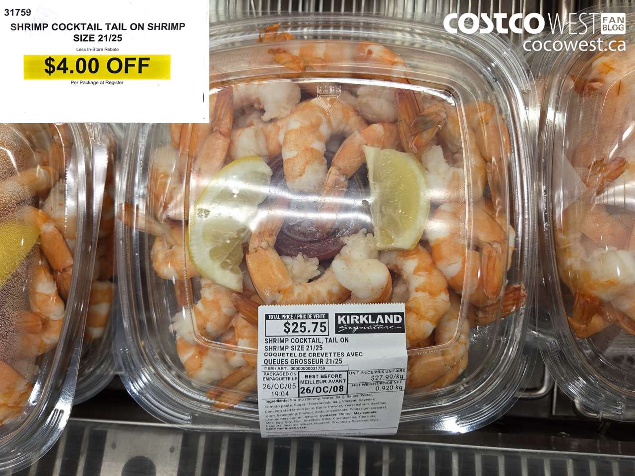 31759 SHRIMP COCKTAIL TAIL ON SHRIMP SIZE 21/25 ($4.00 INSTANT SAVINGS)